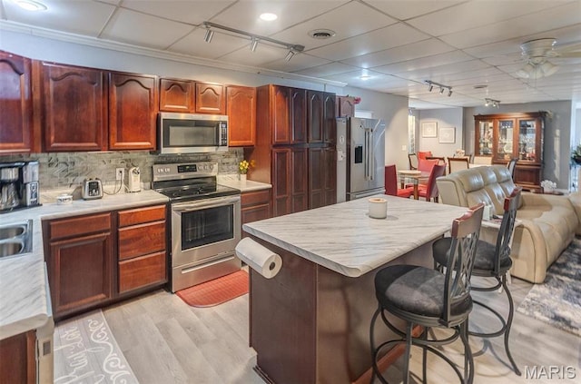 424 N College St, Centralia, IL 62801 - kitchen featuring stainless steel appliances, light countertops, open floor plan, a breakfast bar, and light wood-style flooring