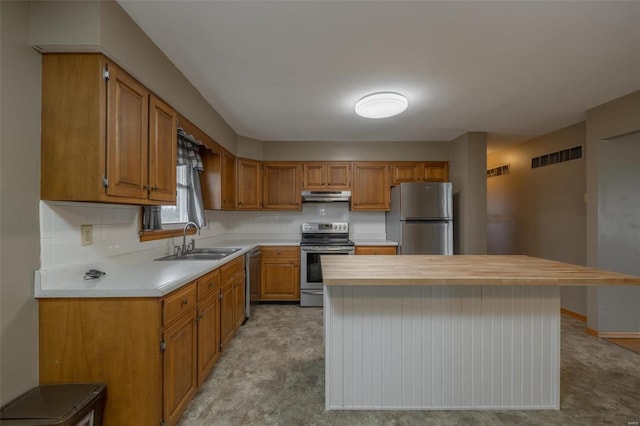 762 Cave Farm Rd, Troy, MO 63379 - kitchen featuring appliances with stainless steel finishes, under cabinet range hood, a sink, and decorative backsplash