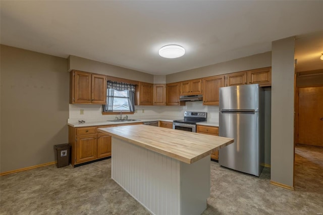 762 Cave Farm Rd, Troy, MO 63379 - kitchen featuring appliances with stainless steel finishes, under cabinet range hood, a sink, wooden counters, and baseboards
