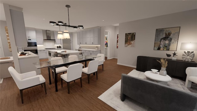 dining room featuring wood finished floors, a chandelier, baseboards, and recessed lighting