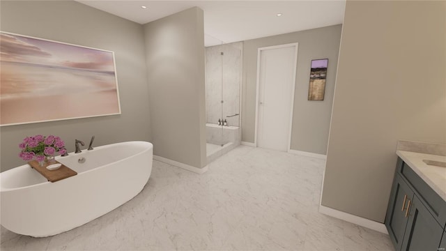 bathroom with a walk in shower, a freestanding bath, baseboards, vanity, and marble finish floors