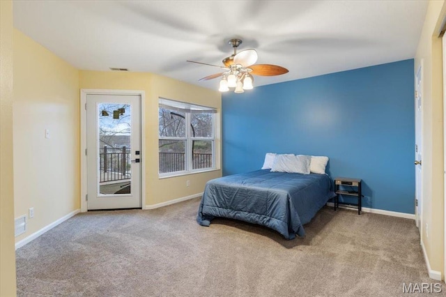 1500 Swiss Village Rd, Osage Beach, MO 65065 - bedroom with carpet flooring, access to exterior, and a ceiling fan