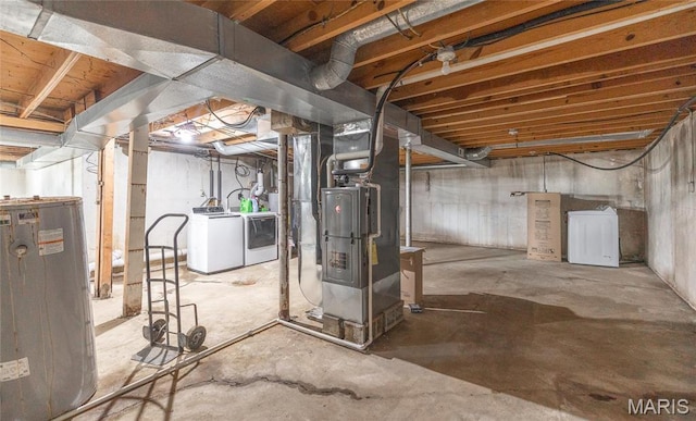 24265 Vinyard Rd, Cuba, MO 65453 - unfinished below grade area featuring water heater, heating unit, and washing machine and clothes dryer
