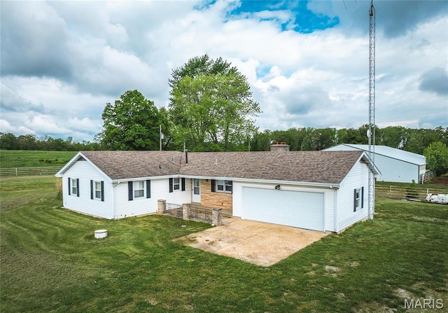 24265 Vinyard Rd, Cuba, MO 65453 - ranch-style home with a garage, a chimney, a shingled roof, and driveway