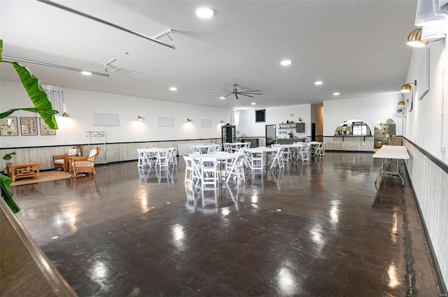 dining space with recessed lighting, wainscoting, and ceiling fan