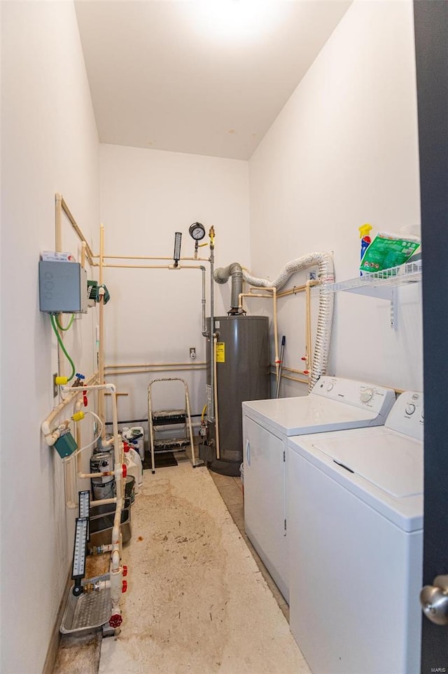 laundry area with washer and dryer and water heater