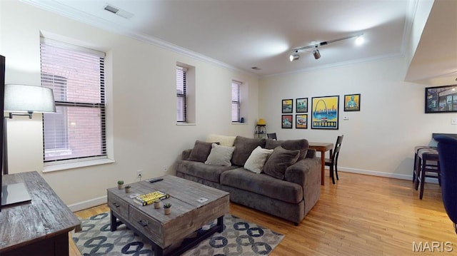 5653 Waterman Blvd Unit 1N, Saint Louis, MO 63112 - living area featuring light wood-style flooring, crown molding, track lighting, and baseboards