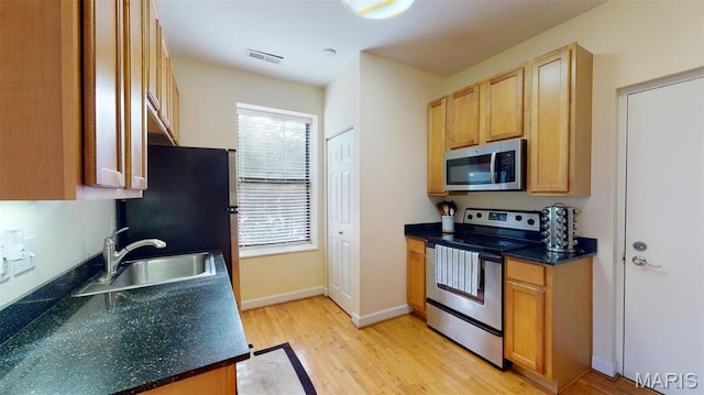 5653 Waterman Blvd Unit 1N, Saint Louis, MO 63112 - kitchen with appliances with stainless steel finishes, light wood-type flooring, a sink, dark countertops, and baseboards