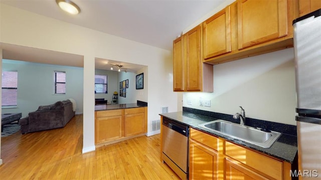 5653 Waterman Blvd Unit 1N, Saint Louis, MO 63112 - kitchen with appliances with stainless steel finishes, a sink, light wood-style flooring, open floor plan, and baseboards