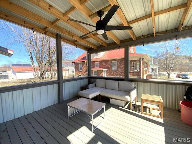 209 E 3rd St, Hermann, MO 65041 - wooden terrace with ceiling fan and an outdoor living space