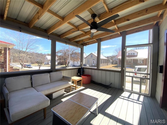 209 E 3rd St, Hermann, MO 65041 - sunroom / solarium featuring a ceiling fan, an outdoor living space, and a residential view