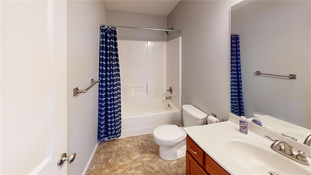 full bathroom with toilet, vanity, shower / bath combination with curtain, tile patterned floors, and baseboards