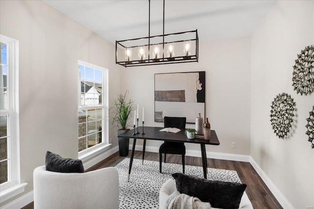 513 Beneficial Way, Saint Charles, MO 63304 - office featuring dark wood-type flooring, baseboards, and a chandelier