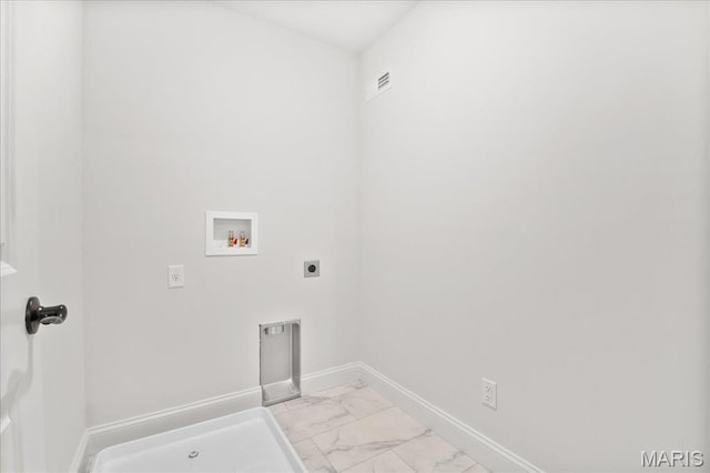 513 Beneficial Way, Saint Charles, MO 63304 - laundry room with electric dryer hookup, hookup for a washing machine, light marble finish floors, and baseboards