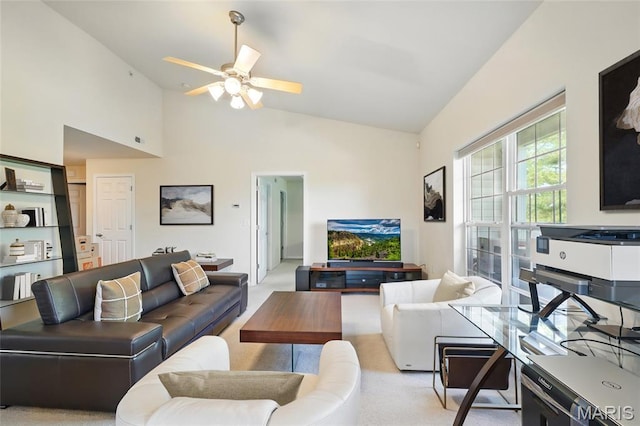 2 Monarch Trace Ct Unit 305, Chesterfield, MO 63017 - carpeted living room featuring a ceiling fan and high vaulted ceiling