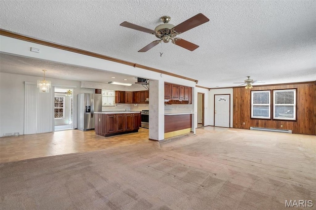 6072 Kingsway, House Springs, MO 63051 - unfurnished living room with a baseboard heating unit, crown molding, a textured ceiling, a ceiling fan, and a chandelier