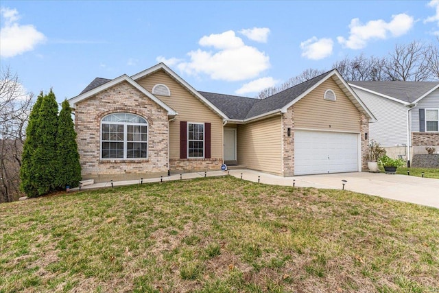 9 Amber Ridge Ct, High Ridge, MO 63049 - single story home featuring brick siding, a garage, concrete driveway, and a front lawn