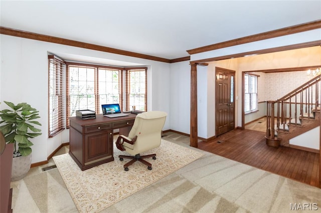 14 Webster Oaks Dr, Webster Groves, MO 63119 - office area with baseboards, wood finished floors, ornamental molding, and carpet