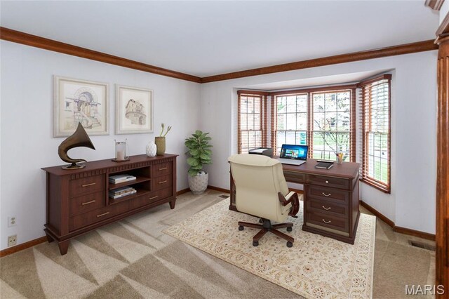 14 Webster Oaks Dr, Webster Groves, MO 63119 - office area with light carpet, baseboards, and ornamental molding