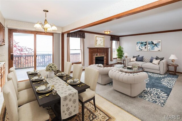 14 Webster Oaks Dr, Webster Groves, MO 63119 - dining room featuring a chandelier and a brick fireplace