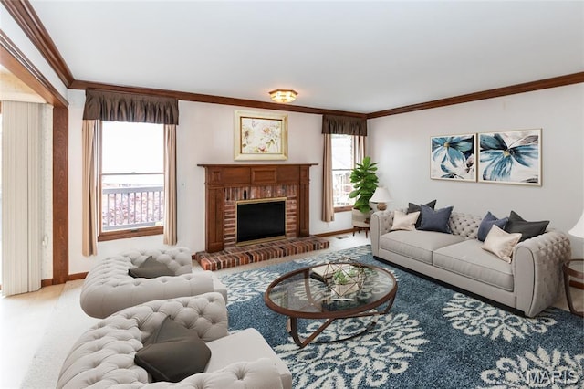 14 Webster Oaks Dr, Webster Groves, MO 63119 - living room featuring crown molding, a fireplace, carpet floors, and baseboards