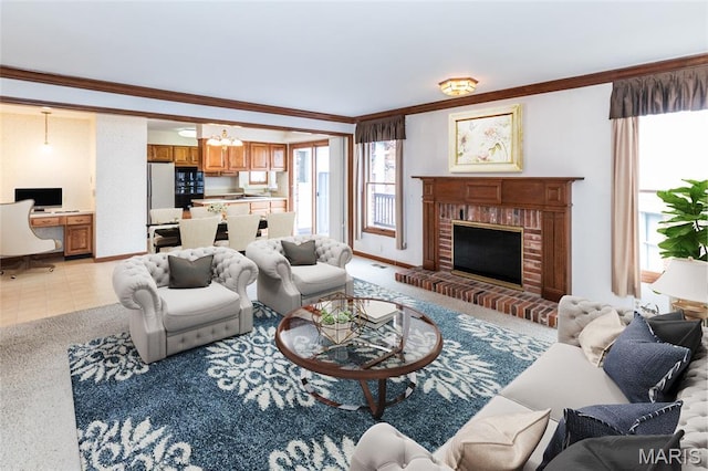 14 Webster Oaks Dr, Webster Groves, MO 63119 - living area featuring crown molding, plenty of natural light, a desk, a brick fireplace, and baseboards