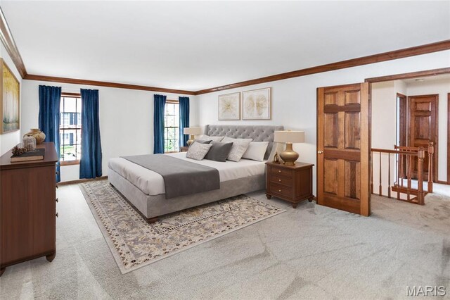 14 Webster Oaks Dr, Webster Groves, MO 63119 - bedroom featuring light carpet and ornamental molding