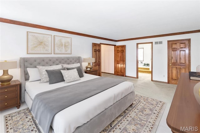 14 Webster Oaks Dr, Webster Groves, MO 63119 - bedroom with baseboards, crown molding, carpet floors, and ensuite bathroom