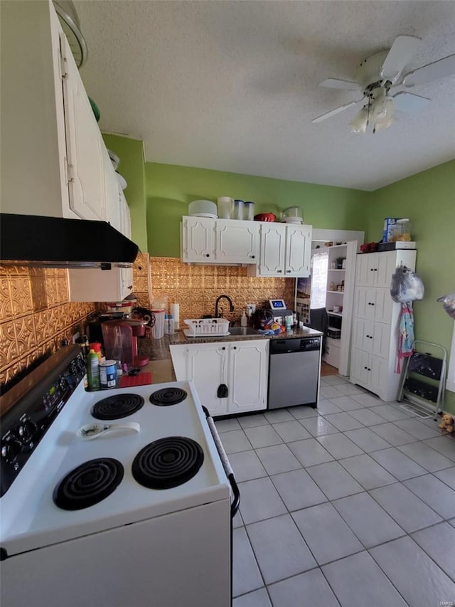 kitchen featuring white electric range, dishwasher, white cabinetry, a ceiling fan, and a textured ceiling