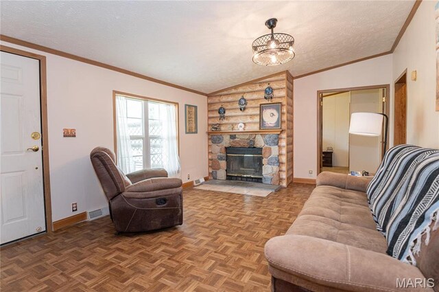 751 High St, Edgar Springs, MO 65462 - living room featuring baseboards, a stone fireplace, lofted ceiling, and a textured ceiling