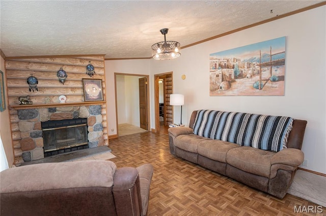 751 High St, Edgar Springs, MO 65462 - living room featuring a textured ceiling, ornamental molding, a fireplace, a chandelier, and baseboards