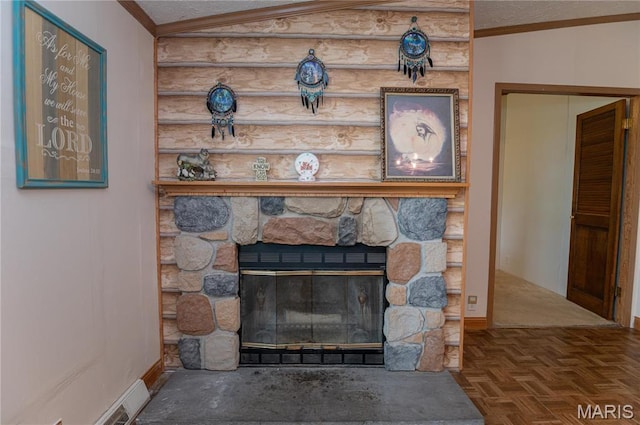 751 High St, Edgar Springs, MO 65462 - detailed view of ornamental molding, a stone fireplace, and baseboards