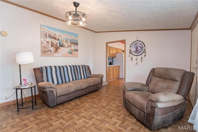751 High St, Edgar Springs, MO 65462 - living area featuring a textured ceiling, crown molding, and baseboards