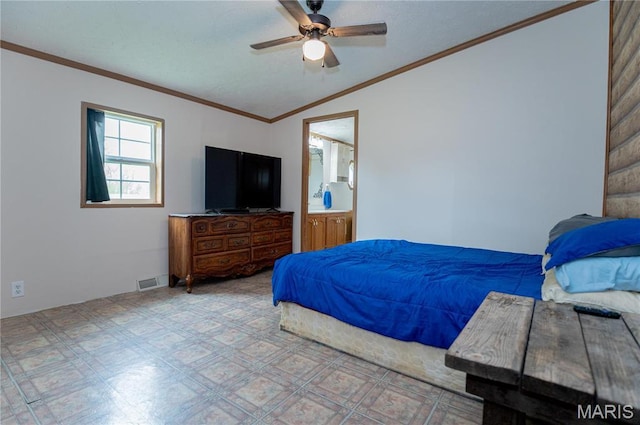 751 High St, Edgar Springs, MO 65462 - bedroom featuring vaulted ceiling, crown molding, connected bathroom, and ceiling fan