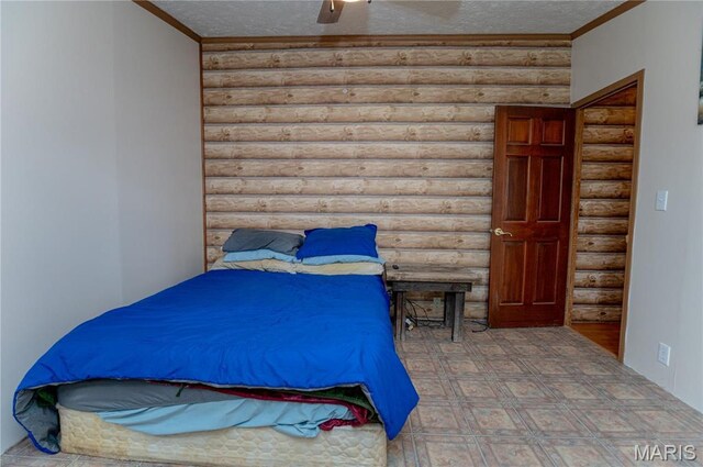 751 High St, Edgar Springs, MO 65462 - bedroom with log walls, a textured ceiling, crown molding, and ceiling fan