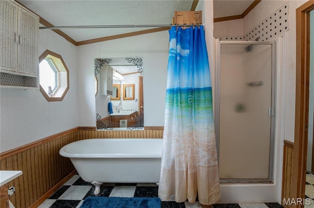 751 High St, Edgar Springs, MO 65462 - bathroom with a shower stall, tile patterned floors, a wainscoted wall, vanity, and ornamental molding