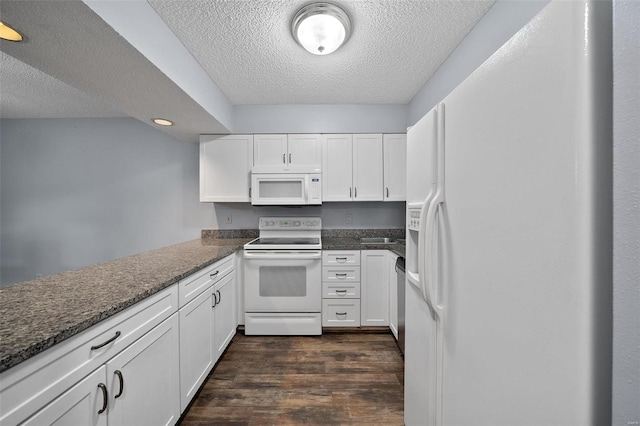 1593 Thrush Ter, Brentwood, MO 63144 - kitchen with white appliances, a textured ceiling, dark wood-type flooring, white cabinetry, and dark stone counters