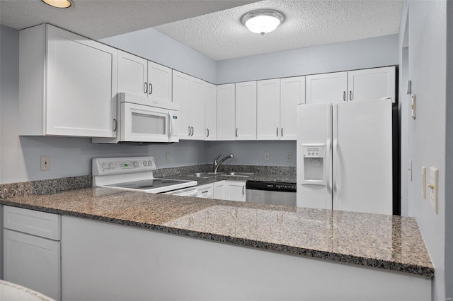 1593 Thrush Ter, Brentwood, MO 63144 - kitchen featuring white appliances, a sink, a textured ceiling, white cabinets, and dark stone counters