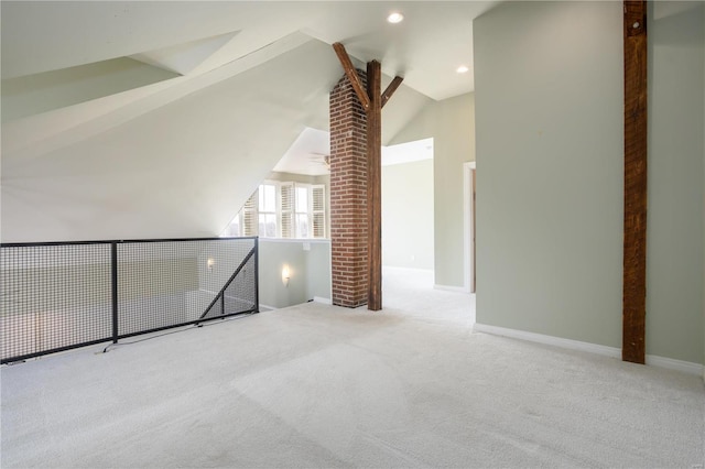 bonus room with carpet flooring, baseboards, lofted ceiling, and recessed lighting