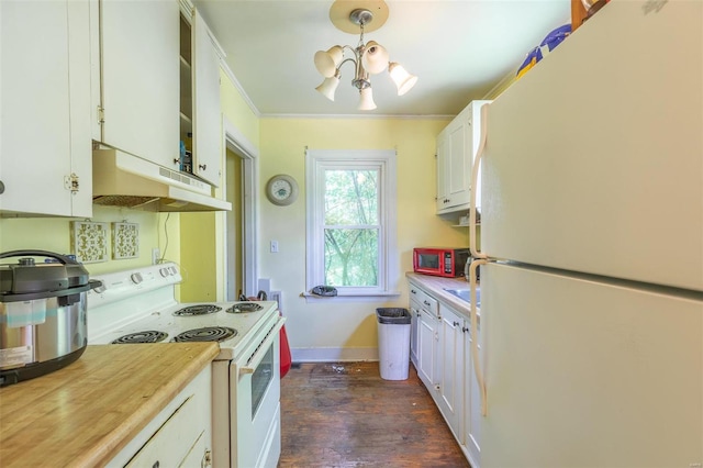 1019 Kinzer, Poplar Bluff, MO 63901 - kitchen with white appliances, under cabinet range hood, light countertops, white cabinets, and ornamental molding