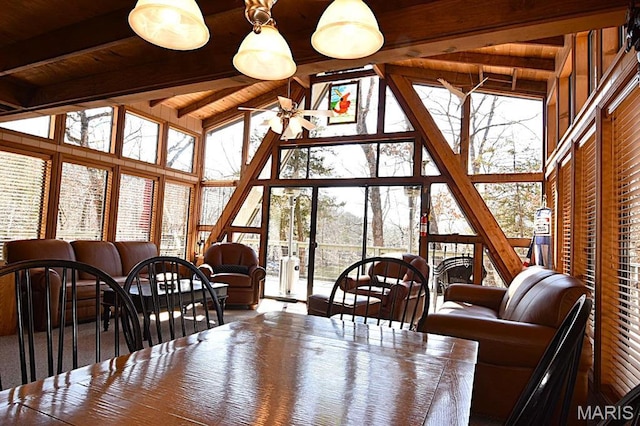 dining room featuring high vaulted ceiling, ceiling fan, wooden ceiling, and beamed ceiling