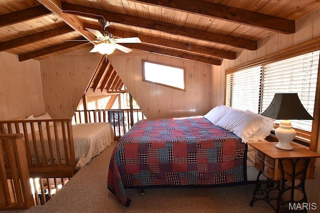 bedroom with wood walls, carpet flooring, and wood ceiling