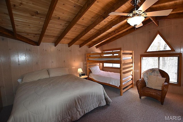 bedroom featuring carpet floors, wooden walls, wooden ceiling, and ceiling fan