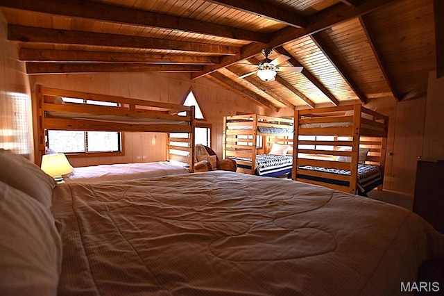 bedroom featuring wooden walls and wooden ceiling