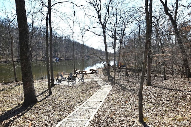 view of yard with a water view and a fire pit