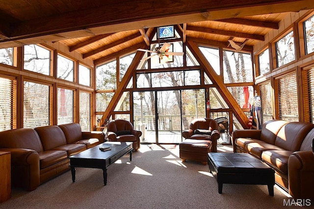 856 Aspen Lake Dr, Innsbrook, MO 63390 - living room featuring high vaulted ceiling, a wood ceiling with exposed beams, carpet flooring, and a ceiling fan
