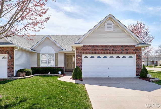 view of front facade with brick siding, concrete driveway, a front yard, an attached garage, and a shingled roof