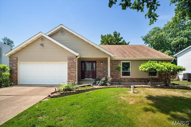 221 Greiner Ct, Ellisville, MO 63021 - ranch-style house with a garage, driveway, a front lawn, brick siding, and a shingled roof