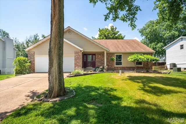 221 Greiner Ct, Ellisville, MO 63021 - ranch-style house featuring brick siding, an attached garage, concrete driveway, and a front yard