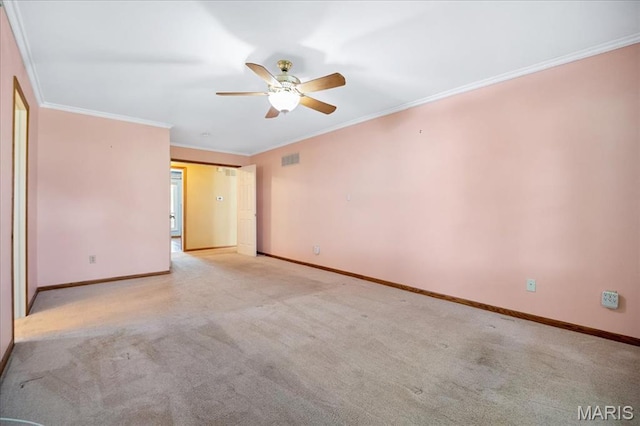221 Greiner Ct, Ellisville, MO 63021 - spare room featuring a ceiling fan, light colored carpet, and ornamental molding